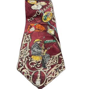 Tabasco Silk Tie New Orleans Jazz  Maroon Saxophone Player Vtg 90s  Made in USA